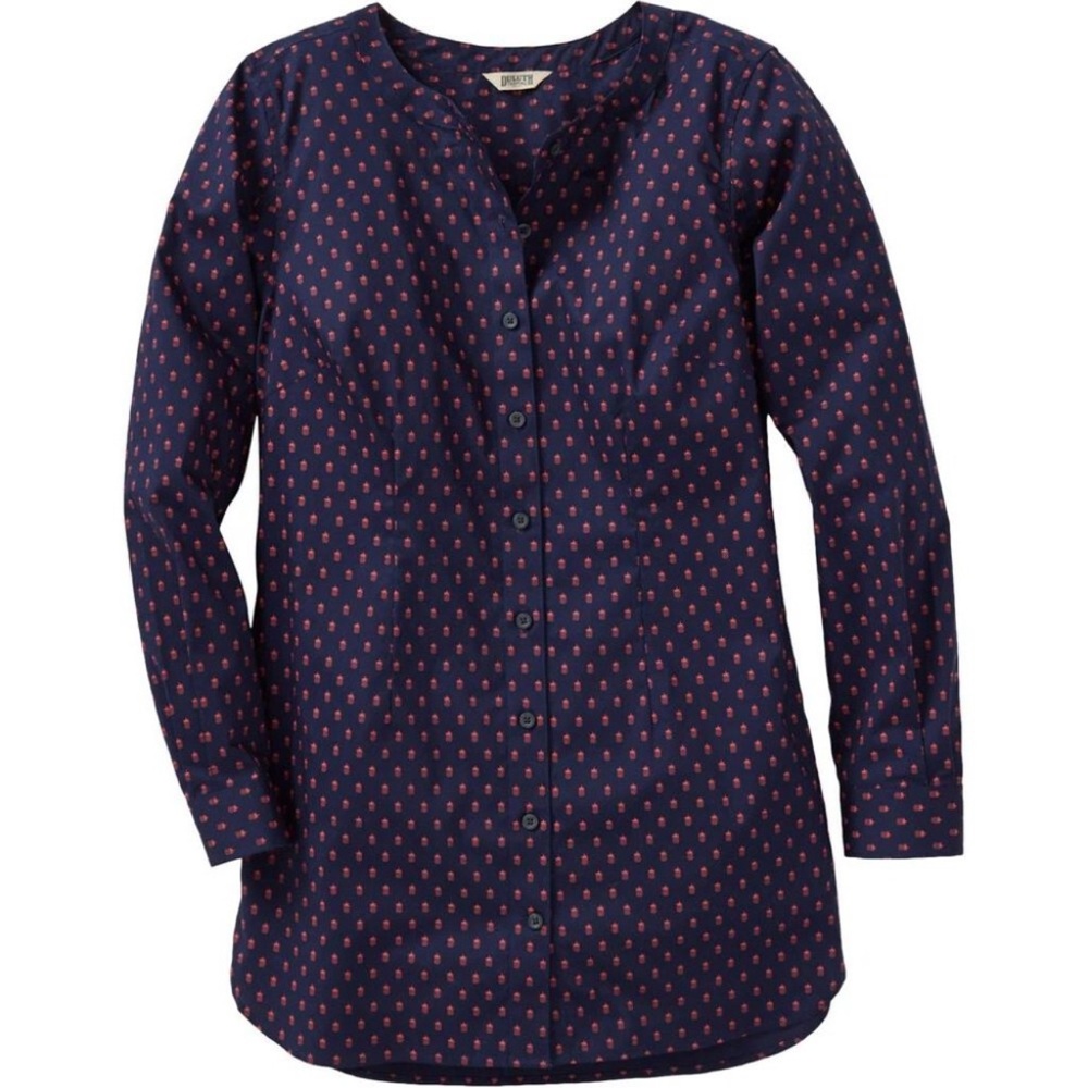 Women's Navy Blue Button-Up Tunic with Pink Dot Print